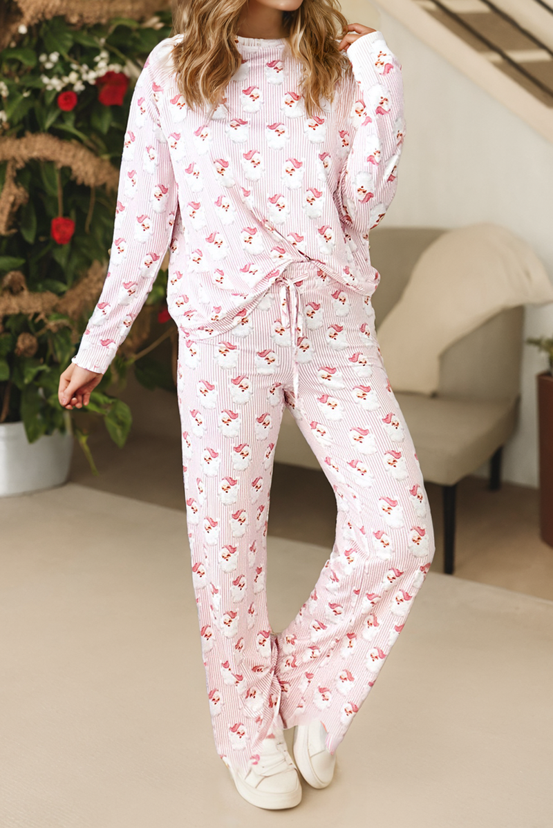 LDC Santa Claus Striped Print Loose Fit Two Piece Lounge Set: Pink / S