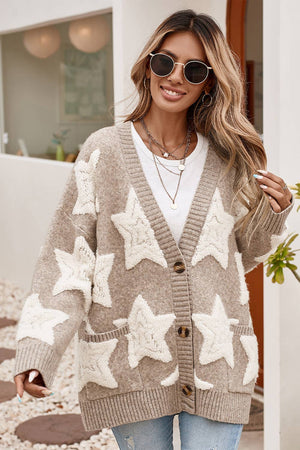 LDC Star Pattern Pockets Button Front Cardigan: Khaki / Missy / S