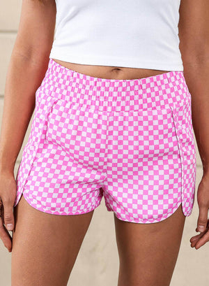 Women Checked Plaid High Waist Athletic Shorts | S-XL: Missy / S / Pink