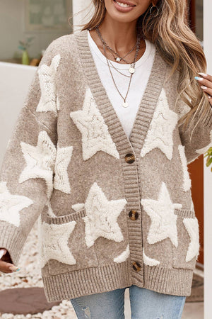 LDC Star Pattern Pockets Button Front Cardigan: Khaki / Missy / S