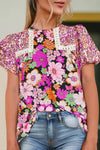 Women Floral Abstract Print Patch Lace Detail Blouse | S-XL: Missy / M / As shown