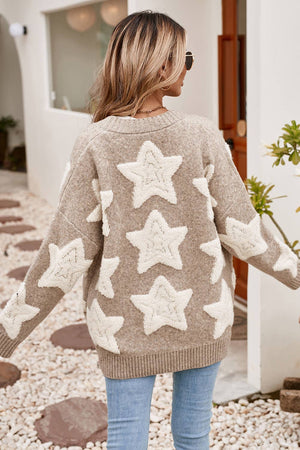 LDC Star Pattern Pockets Button Front Cardigan: Khaki / Missy / S