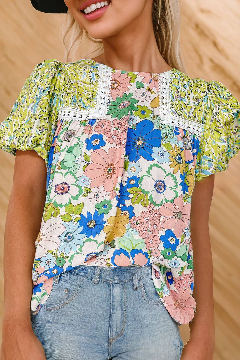 Women Floral Abstract Print Patch Lace Detail Blouse | S-XL: Missy / M / As shown