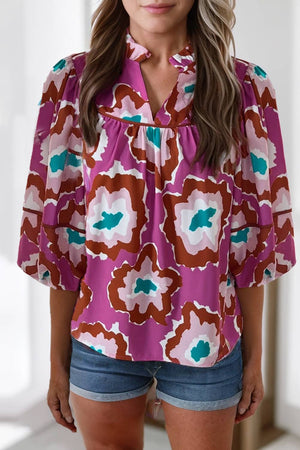 Women Abstract Print Ruched V Neck Half Sleeve Blouse | S-XL: Missy / L / As shown