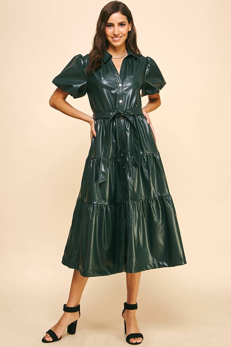 Talia Tiered Pu Leather Midi Dress Hunter Green / M Talia Tiered Pu Leather Midi Dress Hunter Green / M