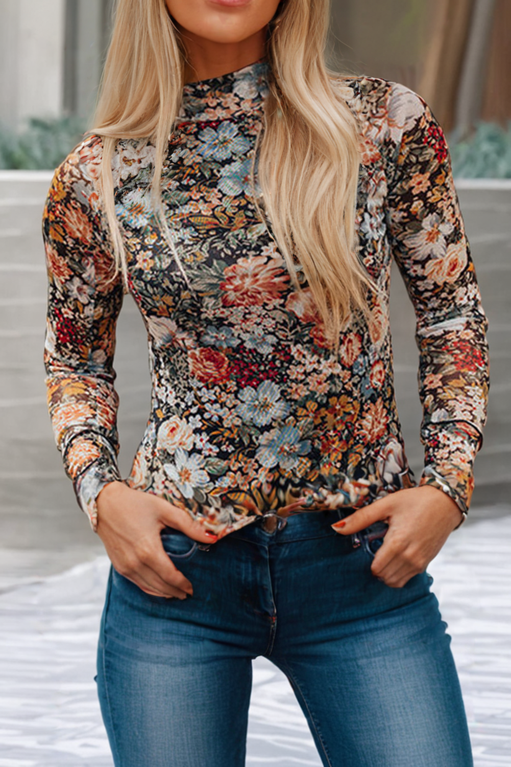 LDC  Floral Long Sleeve High Neck Sheath Mesh Blouse: Brown / L